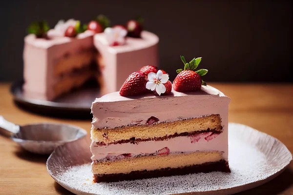 Fresh homemade strawberry mousse cake decorated with fresh strawberries and delicate cherry blossom, Valentine s Day theme, generative AI illustration