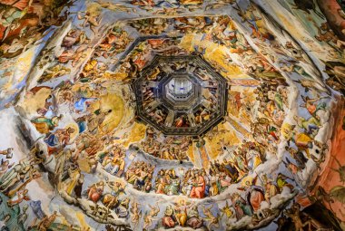 Florence, Italy - June 03, 2022: Judgment Day fresco inside the Brunelleschi dome cupola of the Duomo Cathedral or Cattedrale di Santa Maria del Fiore