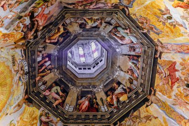 Florence, Italy - June 03, 2022: Judgment Day fresco inside the Brunelleschi dome cupola of the Duomo Cathedral or Cattedrale di Santa Maria del Fiore