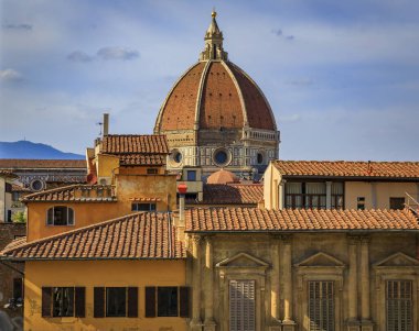View of the red tiled Brunelleschi dome of Duomo Cathedral or Cattedrale di Santa Maria del Fiore in Florence, Italy