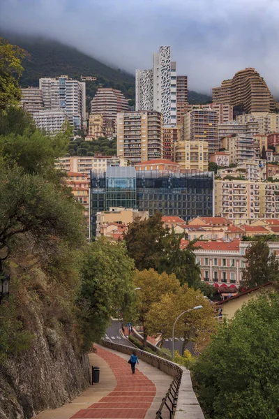 Monte Carlo Cielo Con Edificios Lujo Montañas Fondo Principado Mónaco — Foto de Stock