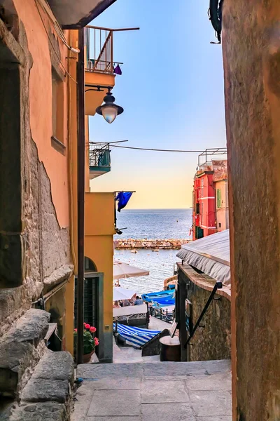 イタリアのチンクテレにあるリオマッジョーレの旧市街で伝統的なボートやカラフルな家で地中海を眺めましょう — ストック写真