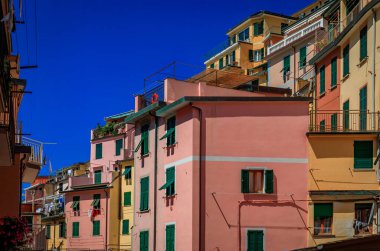 İtalya 'nın Akdeniz kıyısındaki Cinque Terre' deki Riomaggiore kasabasındaki bir yamaçtaki geleneksel renkli evler