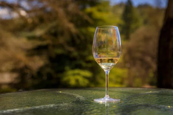 A glass of white wine on an outdoor table with a view of the famous Yosemite Valley in the background, Yosemite National Park in California, USA