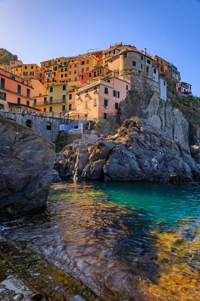 意大利Cinque Terre一个浪漫的小镇Manarola 在地中海上空的传统五彩缤纷的房子 晨曦中 — 图库照片