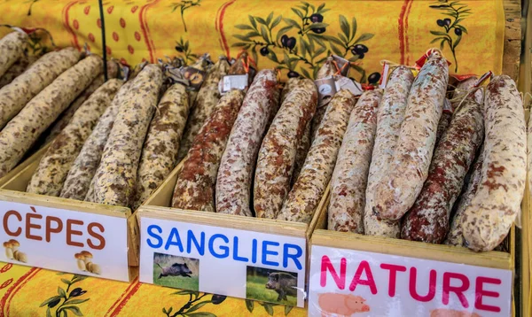 Antibes France May 2023 Corsican Boar Sausage Box Stand Local — Stock Photo, Image