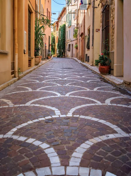 Ornate Mosaic Street Pavement Traditional Old Houses Covered Provencal Farmers — Photo