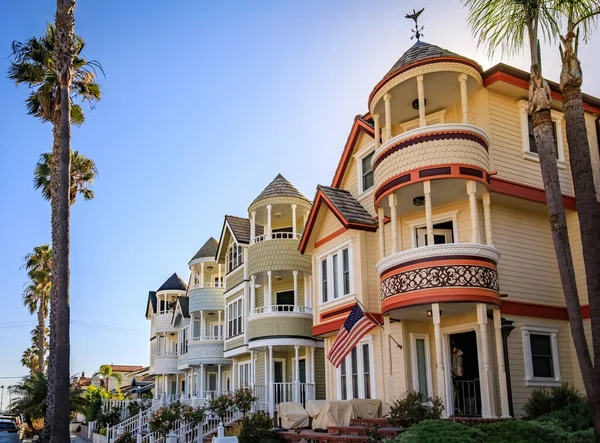 Ornate Old Victorian Houses Street Lined Palm Trees Huntington Beach Stock Picture