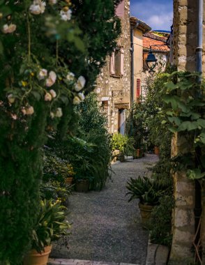 Fransa 'nın güneyindeki Saint Paul de Vence, Fransız Rivierası' ndaki bir caddedeki geleneksel taş evler.