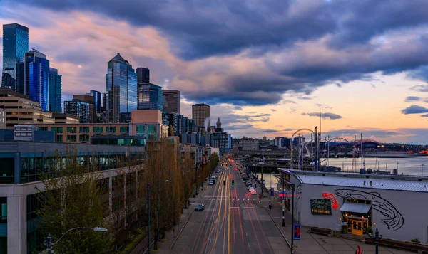 Seattle Washington Dubna 2022 Přímořské Panorama Seattlu Výhledem Velké Kolo — Stock fotografie