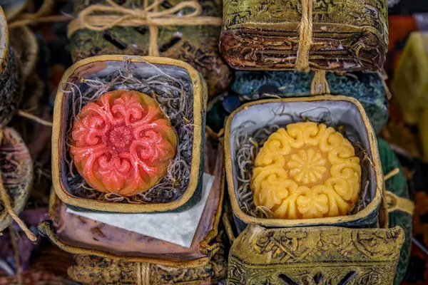 Selection of colorful natural scented soap at an Armenian culture festival, artisanal gift idea, San Francisco, California