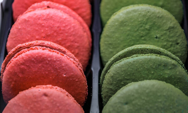 Colorful macaroons cookies on display for sale at a bakery in the Carre d'Or, the historic center of Strasbourg, Alsace, France