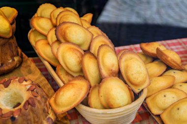 Strasbourg, Alsace, Fransa 'nın tarihi merkezi Grande Ile' deki bir pastanede sergilenmekte olan el yapımı taze madeleine kurabiyeleri.