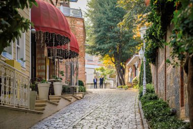 Soguk Cesme Sokak, Sultanahmet 'te tarihi evleri olan küçük arabasız kaldırım taşı caddesi, Ayasofya ve Topkapı Sarayı, İstanbul, Türkiye