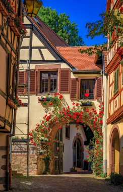 Ornate traditional half timbered houses with blooming flowers in a popular village on the Alsatian Wine Route in Kaysersberg Vignoble, France clipart