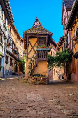 Fransa 'nın Eguisheim kentindeki Alsatian Şarap Yolu' nun popüler bir köyünde çiçeklerle süslenmiş geleneksel yarı ahşap evler.