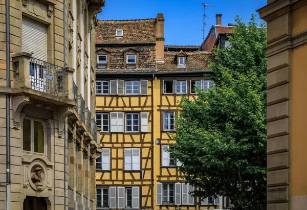 Strasbourg, Alsace, Fransa 'nın tarihi merkezi Grande Ile' deki sarp çatıları olan geleneksel yarı ahşap evleri süslemek.