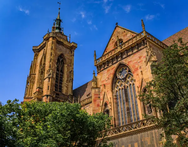 Eglise Saint Martin 'in gotik görünüşü, Roma Katolik kolej kilisesi Colmar' da ağaçlarla çevrili Alsace Fransa 'nın bir köyü.