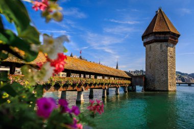 İsviçre, Lucerne 'deki Chapel Köprüsü' nün manzarası. İkonik ahşap yapıyı çerçeveleyen ve aşağıdaki Reuss Nehri 'ne yansıtan canlı çiçekler.