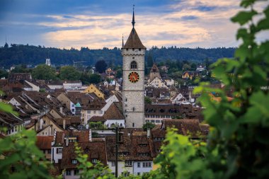 Scenic aerial view of Schaffhausen, Switzerland below the Munot fortress, vibrant vineyards and the Protestant Church of St Johann in the distance clipart