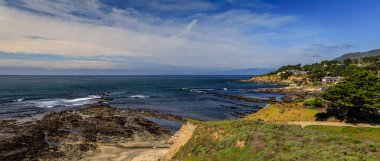 Coastal bluffs with blooming ice plant overlook the Pacific Ocean with rocky shores and distant houses in Moss Beach, near San Francisco, Califronia clipart