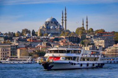 İstanbul feribotu, Yeni Cami ve Türkiye 'deki Süleyman Cami Camii ile Galata Köprüsü' nün karşısındaki Altın Boynuz 'un karşısındaki tarihi yarımadanın şehir manzaralı feribotu