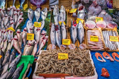 Türkiye 'nin İstanbul kentindeki işlek bir pazar yerinde deniz çipurası, uskumru ve karides ile çeşitli taze balık seçimleri düzenlendi.