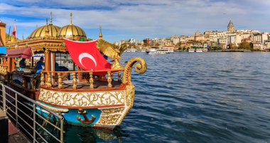 İstanbul, Türkiye - 8 Kasım 2023: Eminonu rıhtımında altın kartal heykeli ve Türk bayrağı ile süslü Balik balık sandviçi