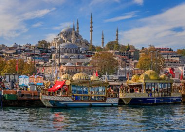 İstanbul, Türkiye - 8 Kasım 2023: Yeni Cami ve Süleyman Camii ile Süslü Balik balık sandviç tekneleri ve Tarihi Yarımada şehri