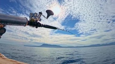 Akdeniz 'de mavi gökyüzünün altında tuzlu su oltası ve olta balığı.