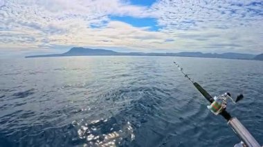 Akdeniz 'de mavi gökyüzünün altında tuzlu su oltası ve olta balığı.