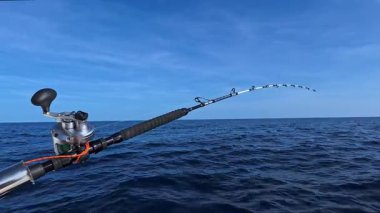 Akdeniz 'de mavi gökyüzünün altında tuzlu su oltası ve olta balığı.