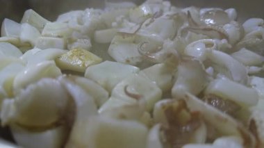 Pişirme tavasında kalamar ızgarası, İspanya 'dan tapas tarifi pişirirken sigara içmek.