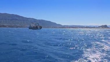Denia limanı yakınlarında balıkçı teknesi, Akdeniz 'in Alicante Costa Blanca' sında uçan birçok martı