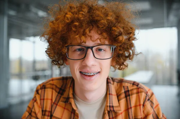 Cute Red Haired Guy Wearing Stylish Glasses Yellow Shirt — Stock Photo, Image