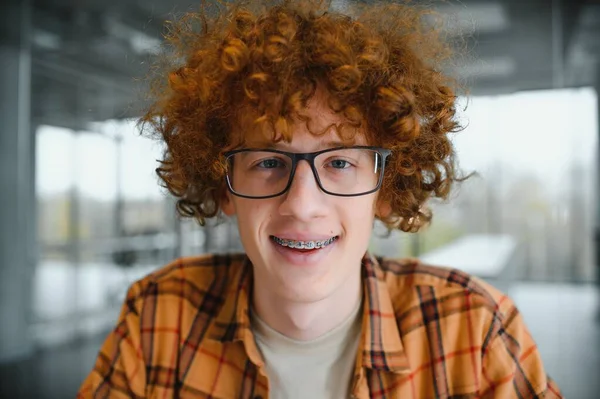 Cute Red Haired Guy Wearing Stylish Glasses Yellow Shirt — Stock Photo, Image