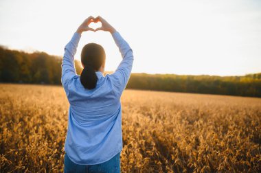 Tarladaki soya bitkilerini inceleyen dişi çiftçi ya da tarımcı.