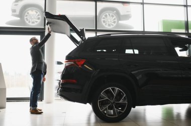 Seçimini yapıyor. Takım elbiseli bir gencin yatay portresi. Arabaya bakıyor ve satın almalı mı diye düşünüyor..