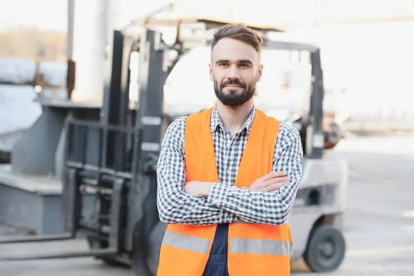 Waving Forklift Driver Warehouse Haulage Company While Driving Forklift — Stock Photo, Image