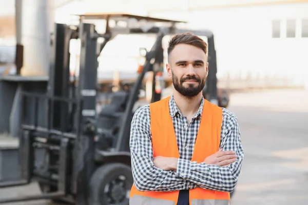 Waving Forklift Driver Warehouse Haulage Company While Driving Forklift — Stock Photo, Image