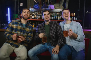 Young men in casual clothes are talking, laughing and drinking while sitting at bar counter in pub.