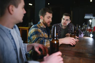 Young men in casual clothes are talking, laughing and drinking while sitting at bar counter in pub.