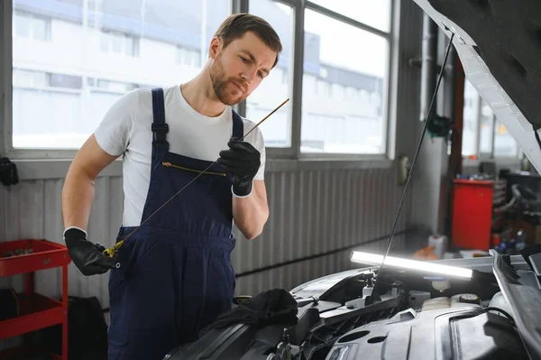 Auto Mechanic Checking Oil Level Car Engine Inspects Engine Water —  Fotos de Stock