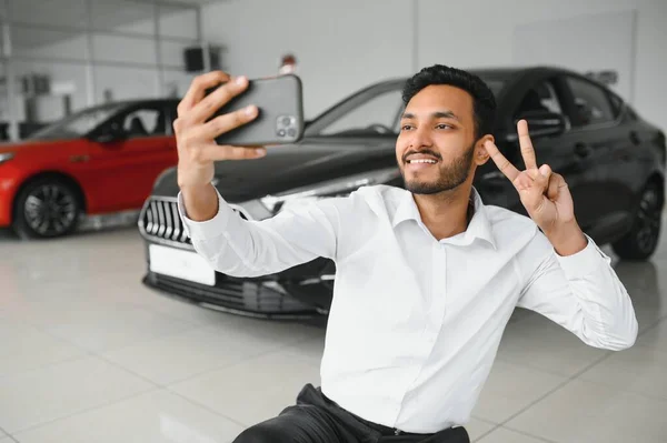 Handsome Indian Man Taking Selfie Car Keys His New Automobile — Foto de Stock