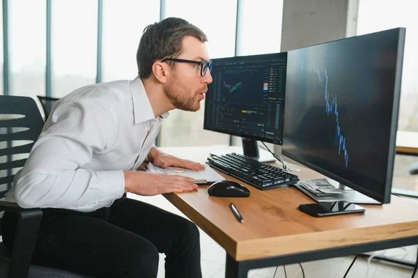 stock image Stressed business man crypto trader broker investor analyzing stock exchange market crypto trading decreasing chart data fall down loss, desperate about losing money of crisis, recession, inflation