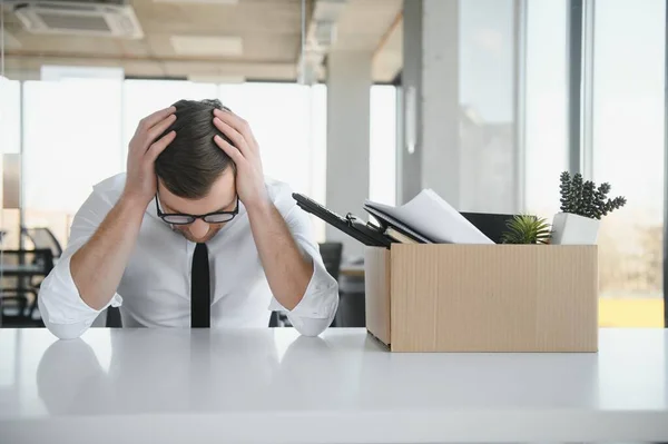 Sad Fired Let Office Worker Packs His Belongings Cardboard Box — Fotografia de Stock