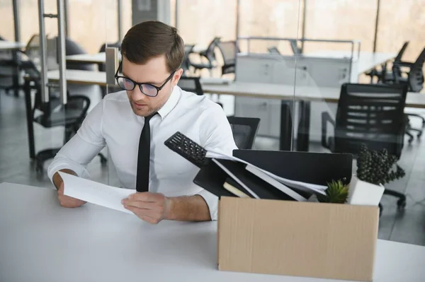 Sad Fired Let Office Worker Packs His Belongings Cardboard Box — Photo