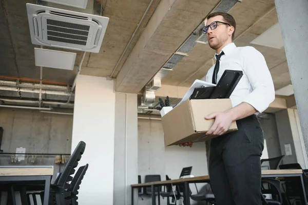 Sad Fired Let Office Worker Packs His Belongings Cardboard Box — Stok Foto