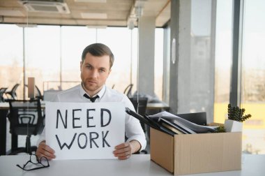 Professional looking for a job. Photo of unhappy worker mature guy financial crisis lost work hold carton placard banner search work place moody wear suit.