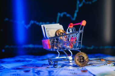 Altın bitcoin madeni para yığınını kapat Euro 'nun üstüne, dolar banknotları arka plan, yüksek açı görünümü, seçici odak.